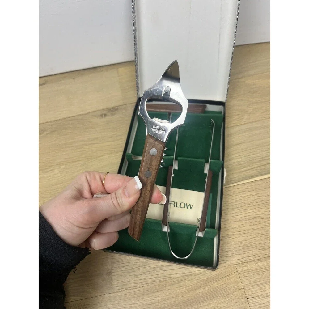 BARLOW NIB Set of 3 Bar Tools in Box Mid Century Wood Handle Stainless Steel